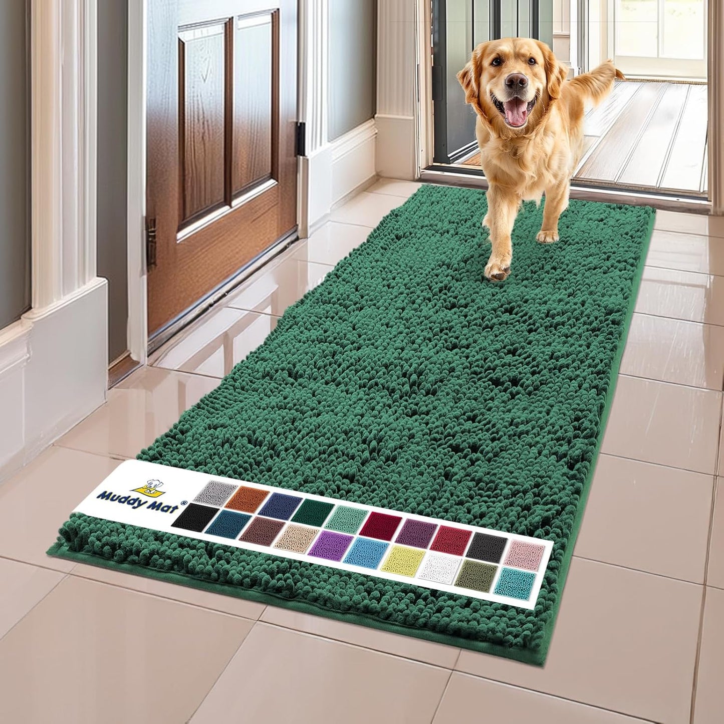 Muddy Mat® AS-SEEN-ON-TV Highly Absorbent Microfiber Dog Door Mat and Pet Rug, Non Slip Thick Washable Area and Bath Mat Soft Chenille for Kitchen Bathroom Bedroom and Indoor-Dark Green Runner 24"X60"