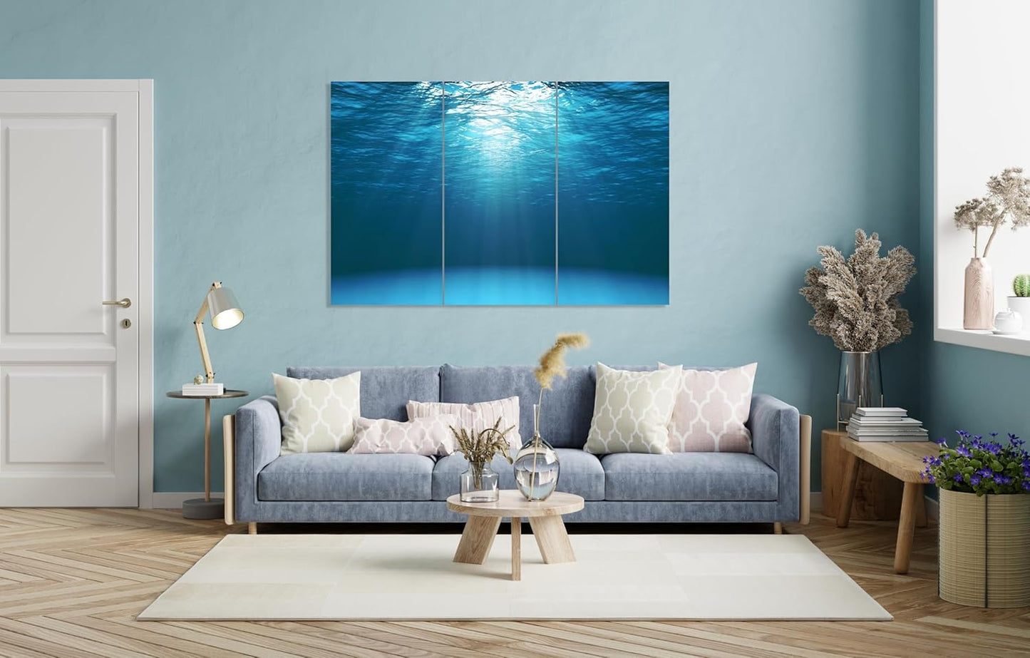 Nature Wall Art Prints - Ocean Forest Mountain Lake Canvas Landscapes - Small to Extra Large Living Room Bedroom Kitchen Bathroom Décor (Sun Rays Under Water, 35L" x 53W" - 3 Panels)