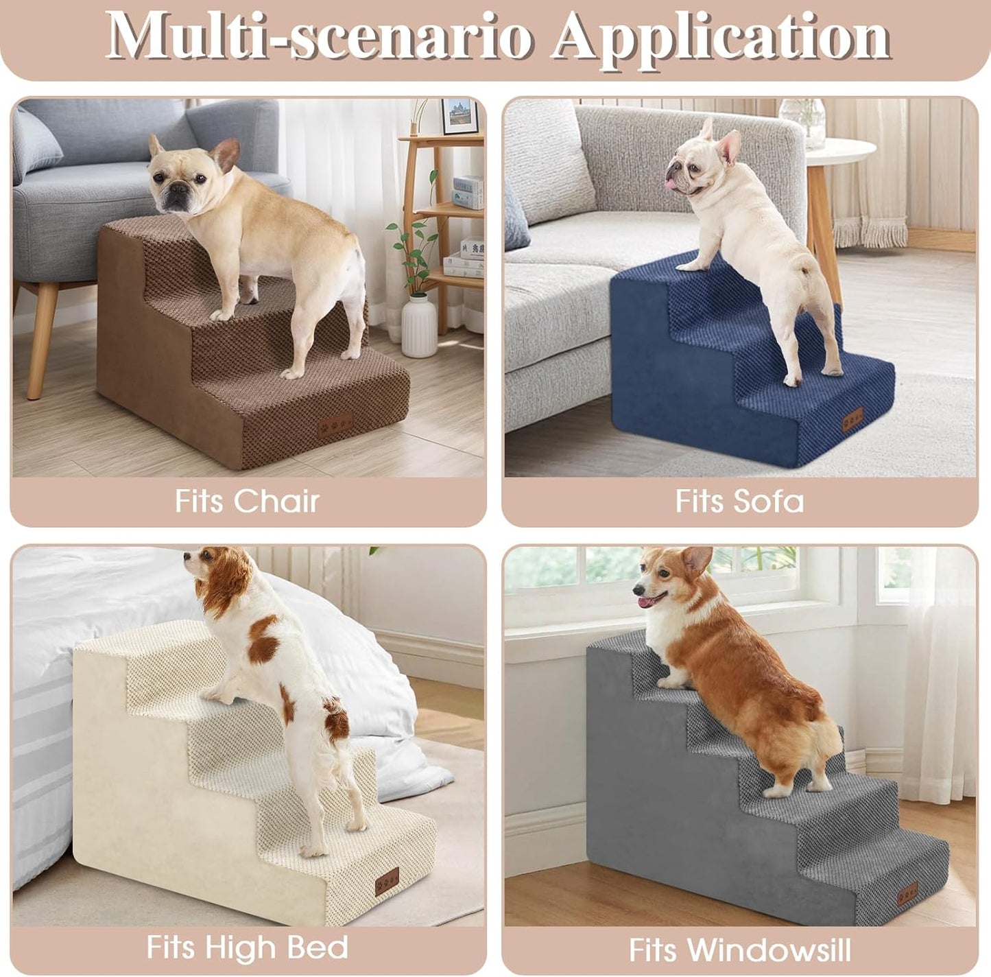 GGIB Non-Slip Pet Stairs for Small Dogs & Cats - 4-Step, Removable Washable Cover, Light Grey, 17" H