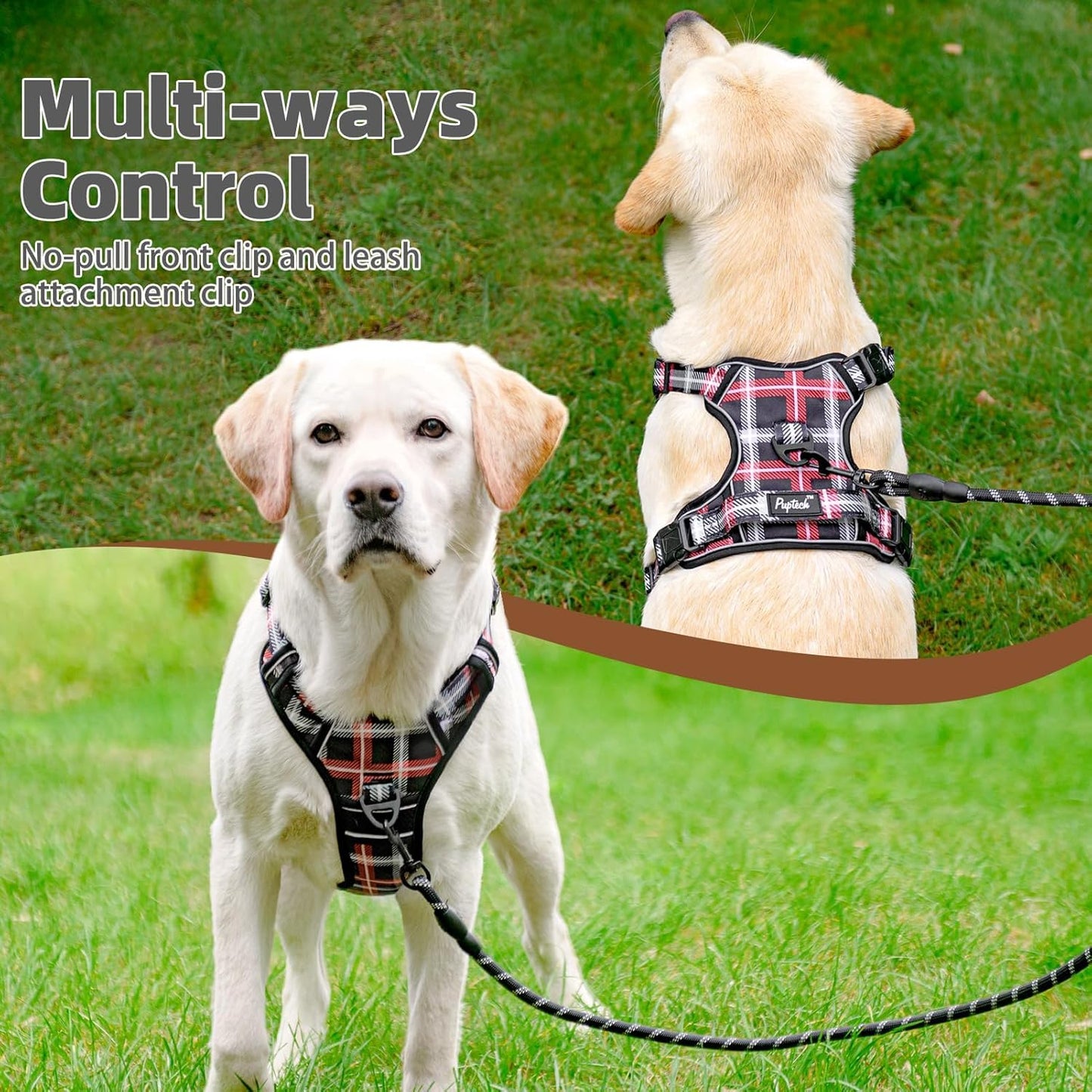 PUPTECK No Pull Dog Harness Small Sized, Adjustable Reflective Dog Harness with Handle Easy Control, Comfortable Soft Padded Pet Vest Harness for Small Dogs, Plaid Black S