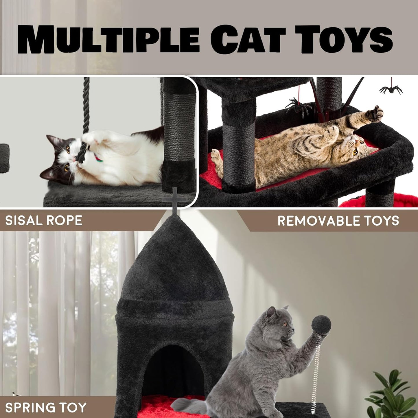 Large Cat Tree Tower for Large Cats, Cat Scratching Post, Self Grooming Post, Interactive Cat Toys, Oversized Perch and Basket, Heavy Duty 72", Black and Red