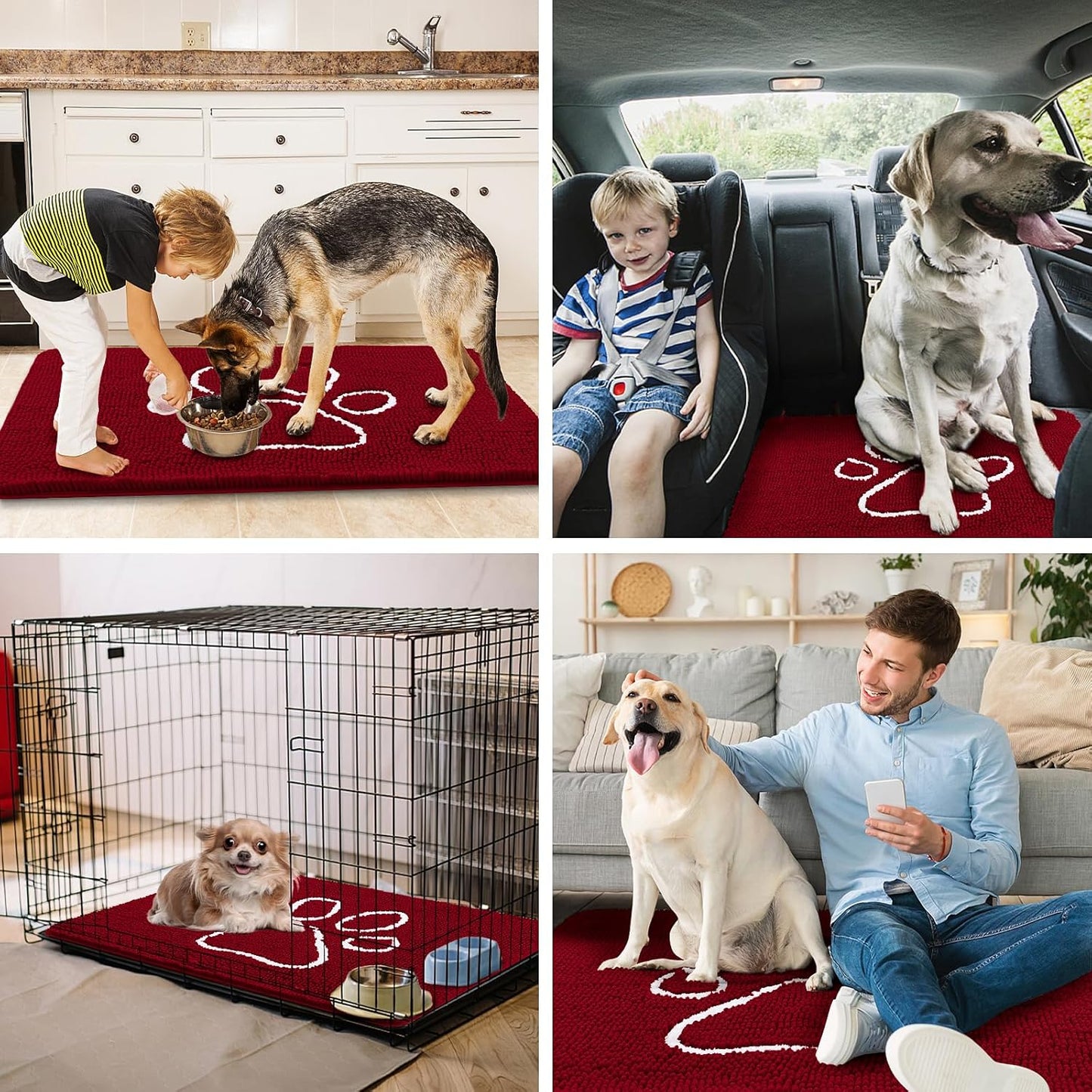 Smiry Dog Door Mat for Muddy Paws, Absorbent Dirt Trapper Non Slip Quick Dry Washable Chenille Mat for Mud Dogs, Entry Rug for Indoor and Outdoor (48x30 Inches, Red)