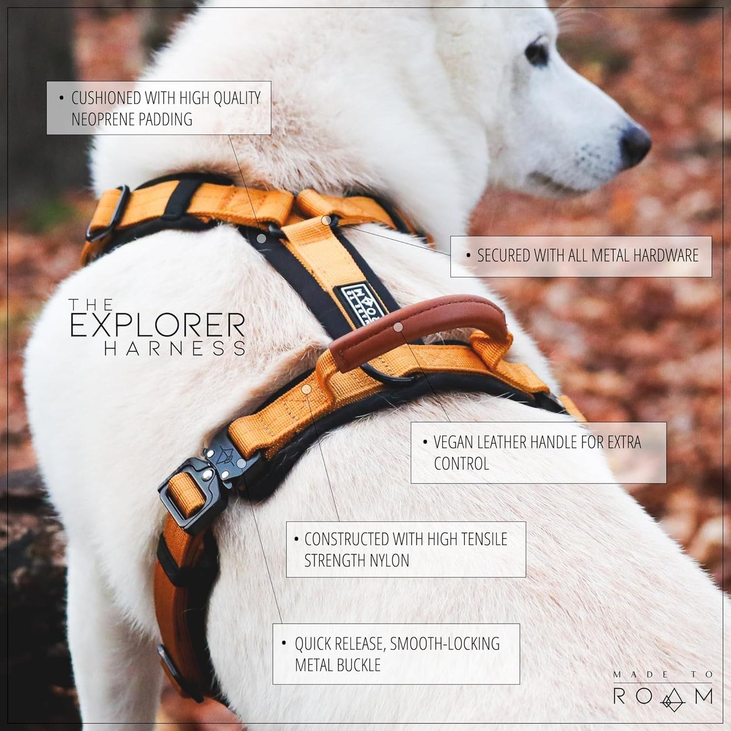 MADE TO ROAM Premium Explorer Harness - Y-Shaped Dog Harness with Adjustable Durable Nylon, Soft Padding, Metal Buckles and Leather Handle for Small, Medium, Large Dogs (Carolina Blooms, Size 6)