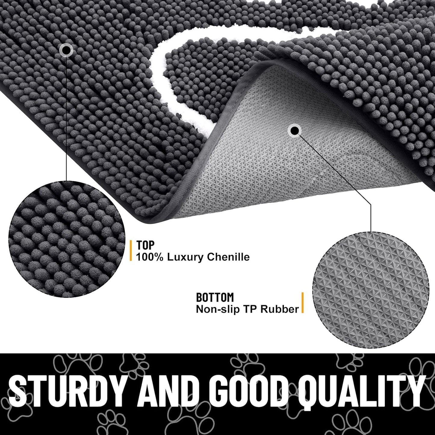 Smiry Dog Door Mat for Muddy Paws, Absorbent Dirt Trapper Non Slip Quick Dry Washable Chenille Mat for Mud Dogs, Entry Rug for Indoor and Outdoor (71x46 Inches, Dark Grey and White)