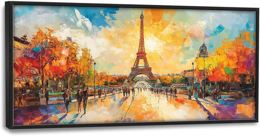 Framed Large Eiffel Tower Wall Art for Living Room, Oversized Paris City Street Landscape Wall Decor, Colorful Sunrise Canvas Painting Modern Artwork for Living Room Bedroom Office 60"x30"