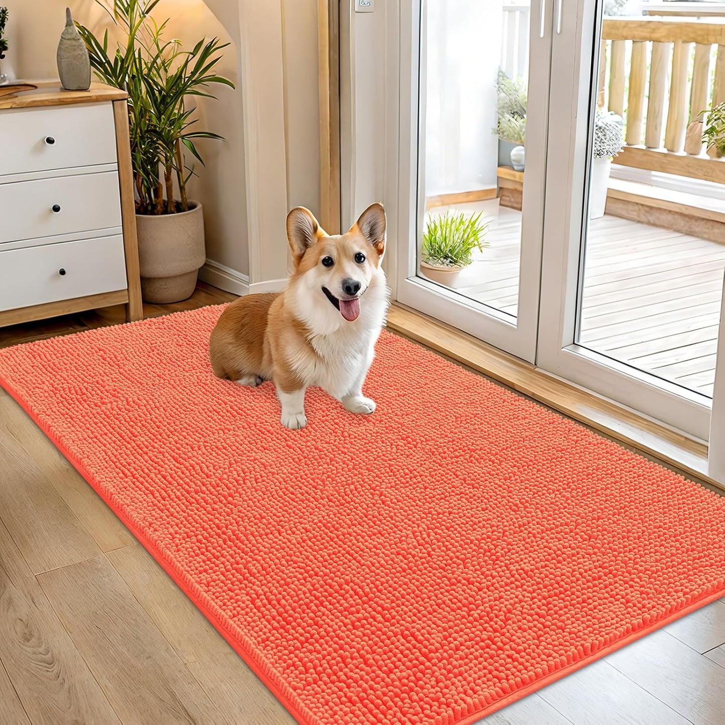 OLANLY Dog Door Mat for Muddy Paws 54x32, Absorbs Moisture and Dirt, Absorbent Non-Slip Washable Doormat, Quick Dry Chenille Mud Mat for Dogs, Entry Indoor Entryway Carpet for Inside Floor, Coral