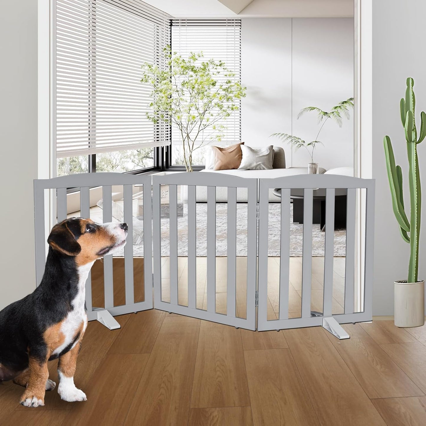 ZJSF Foldable Freestanding Indoor Dog Gate for House Wood Long Pet Gates Dog Fence for Stairs Puppy Gates for Hallways, Puppy Gate,Support Feet Included, Grey, 24 "Height-3 Panels