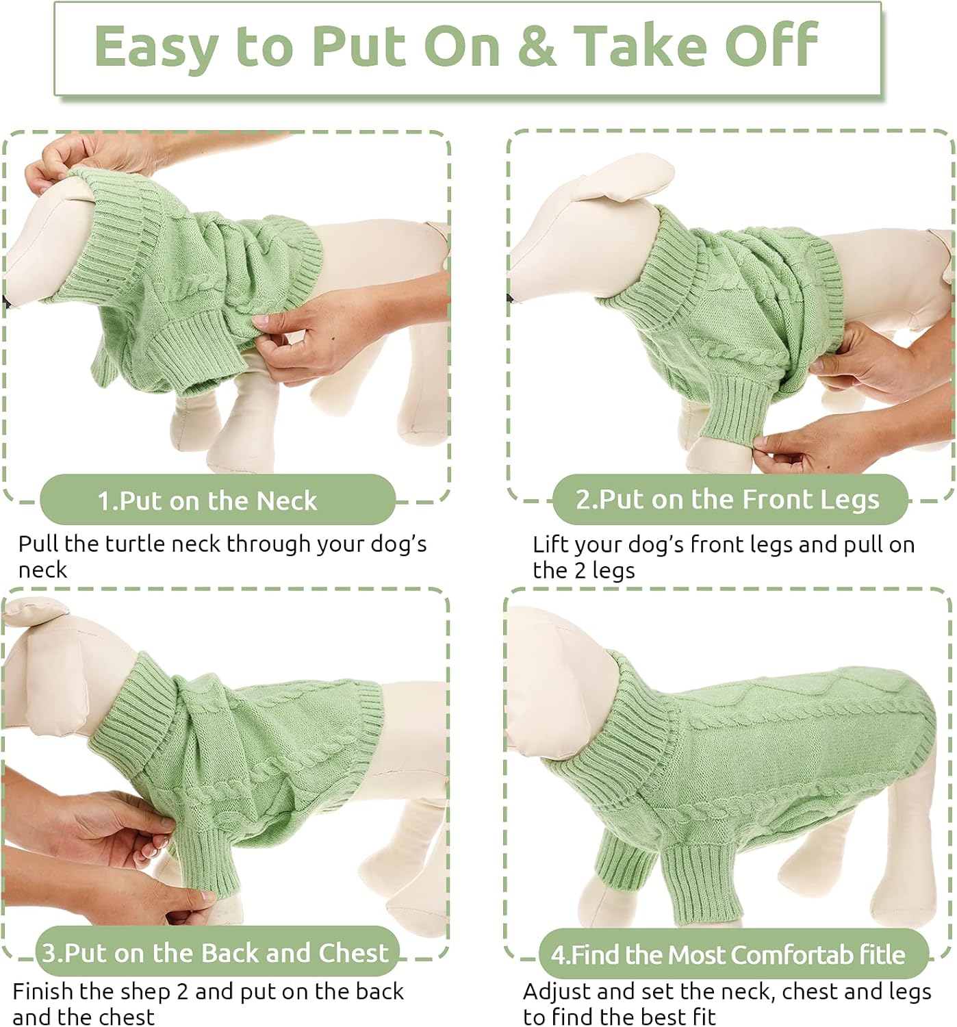 Queenmore Small Dog Pullover Sweater, Cold Weather Cable Knitwear, Classic Turtleneck Thick Warm Clothes for Chihuahua, Bulldog, Dachshund, Pug, Yorkie (Green, Small)