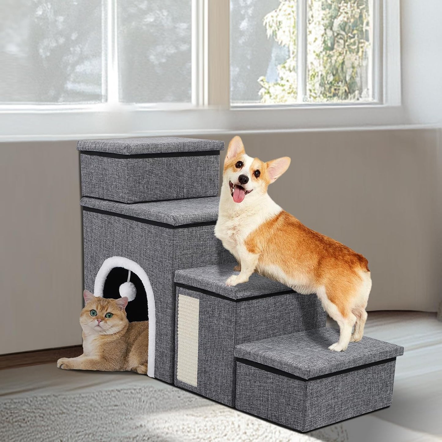 Dog Stairs for Bed and Couch 23“H, Foldable Dog Stairs for Small Older Dogs, 4 in 1 Adjustable Pet Cat Steps Ramps with Storage, Condo, Cat Scratcher, Hold Up to 180LBS, 4 Steps