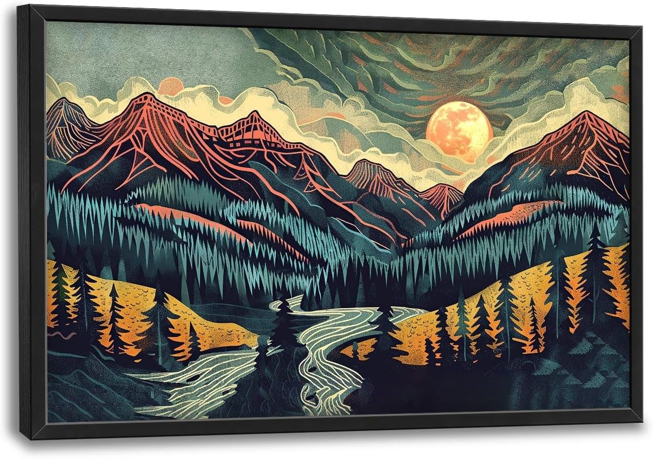 Quorin Boho Mountain Large Wall Art Abstract Pictures Lake Pine Tree Forest Foggy Sunset Wall Decor Nature Landscape Canvas Print Painting Artwork for Bathroom Living Room Bedroom 36L x 24W