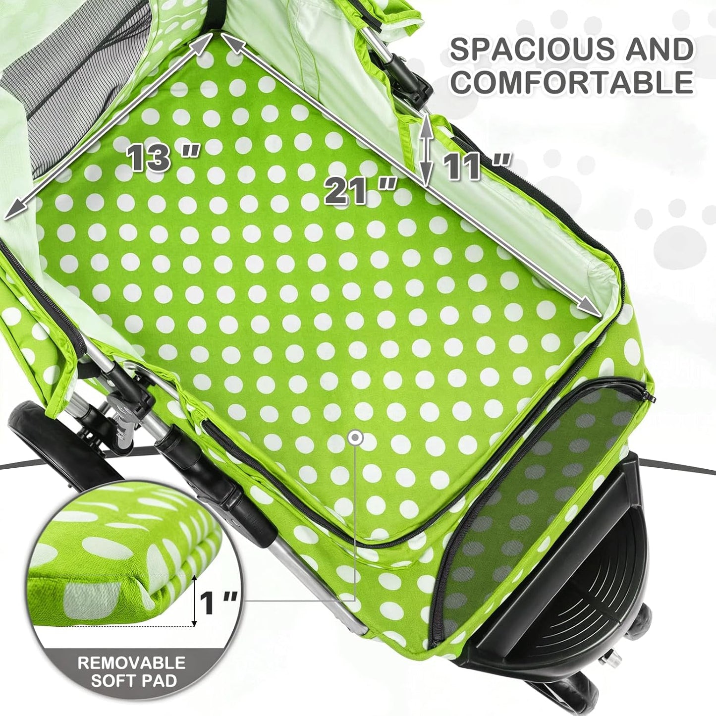 MoNiBloom 3 Wheels Pet Dog Cat Stroller for Small Medium Dogs Cats, Foldable Jogger Stroller w/Storage Basket and Cup Holder, Lawn Green Polka Dots