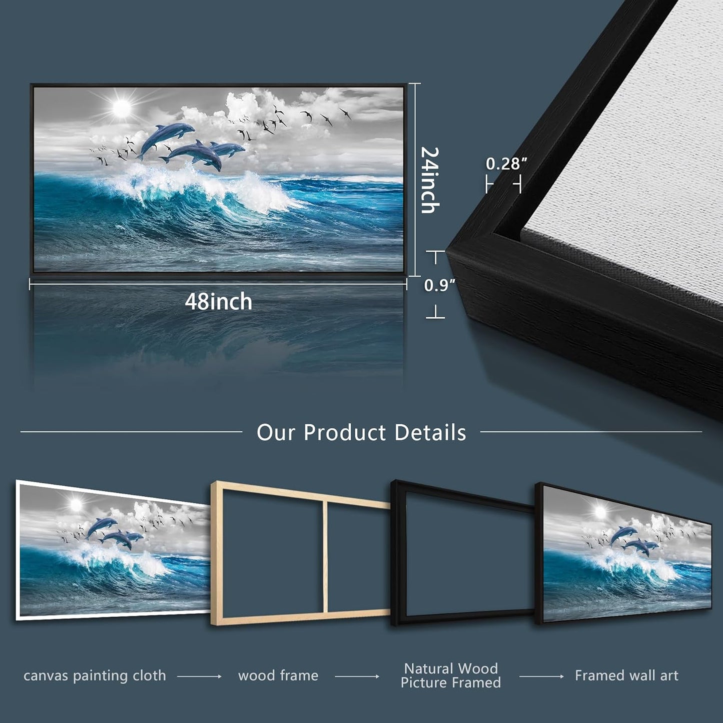 Wapluam Canvas Print Wall Art For Living Room Large Wall Decor For Bedroom Blue Waves Of The Sea Wall Pictures Artwork Modern Office Dolphins Wall Paintings Black Framed Home Decorations Poster