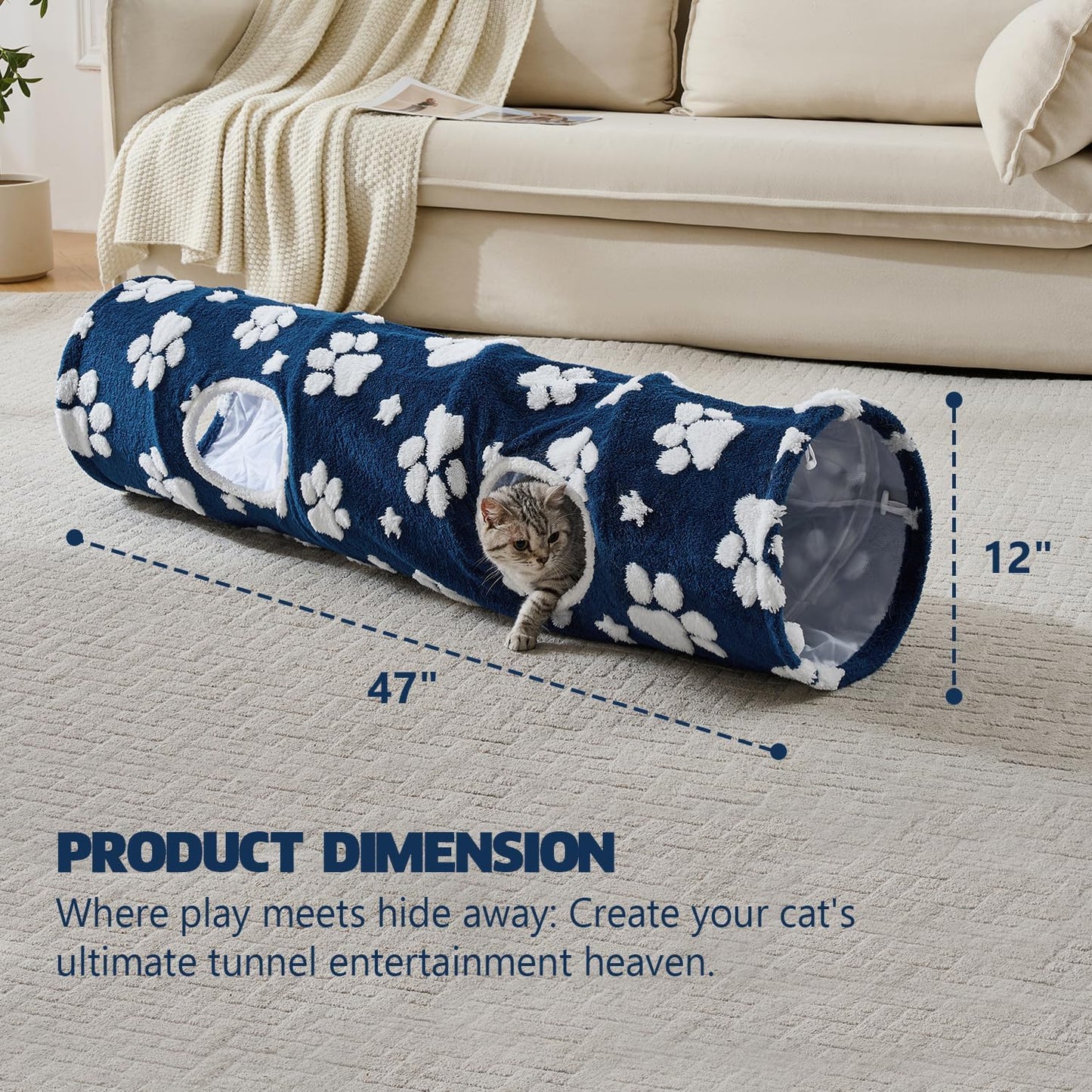 Straight Cat Tunnel for Indoor Cats 47"x12", Cute Cat Toys Collapsible Tunnel Tube with Balls for Puppy Kitten Rabbit, Blue Paw