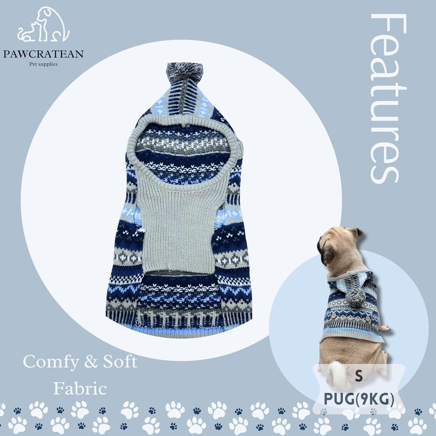Cute Sweater for Dogs and Cats Soft Flannel Pet Outfit Warm and Cozy Animal Hoodie Small to Large Pet Clothes for Halloween Parties and Everyday Wear (Medium, Blue Patten with Hat)