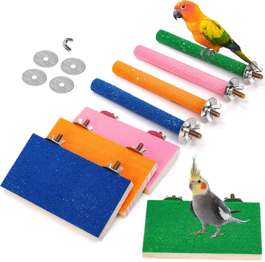 8 Pcs Bird Perch Stand Toy, Colorful Wood Parrot Perch Stand Platform Paw Grinding Stick, Bird Cage Accessories for Budgies,Parakeet,Cockatiel, Lorikeet, Conure