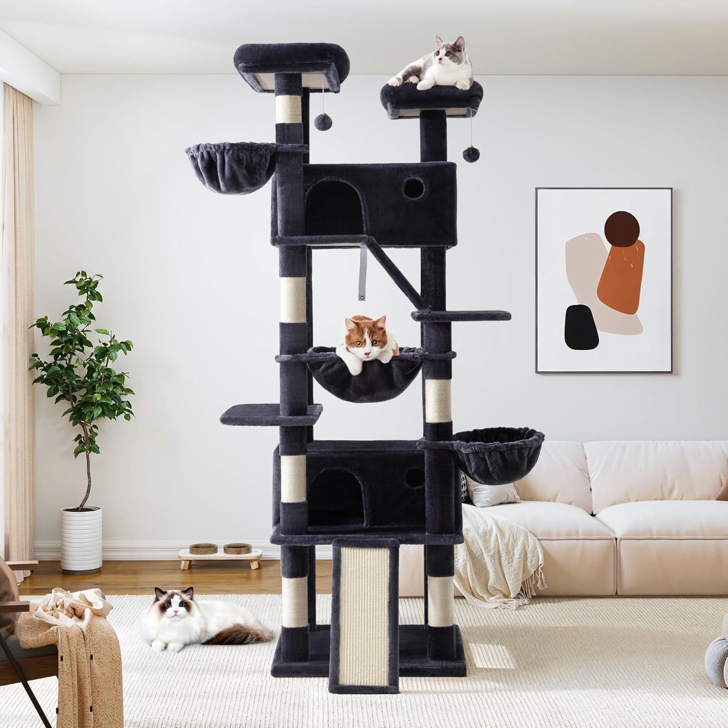 Allewie 81 Inches Tall Cat Tree/Multi-Level Large Climbing Tree House and Towers for Big Feline/Condo and Hammock/Scratching Post/Wide Base/Dark Grey