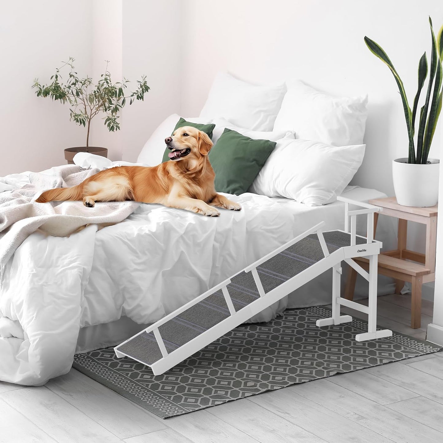Onelike Wooden Dog Ramp for Bed with Removable Side Rail and Non-Slip Carpet, Stable Pet Ramp Stair for Couch Sofa for Small & Large & Senior Dogs, 60" Long Ramp White