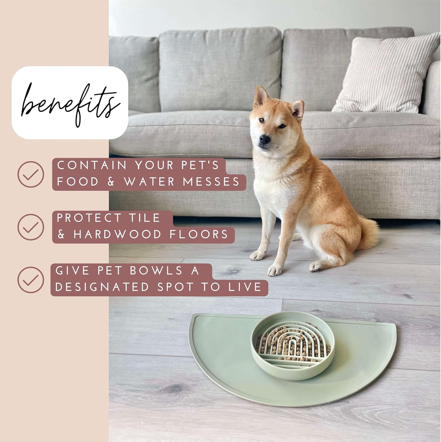 Waterproof Silicone Pet Food Mat - Non-Slip, Spill-Proof Feeding Mats for Floors, Raised Edge Design, Easy-to-Clean Rubber Mat for Dog & Cat Bowls, 21" Across x 10.5" Deep, Medium-Blush