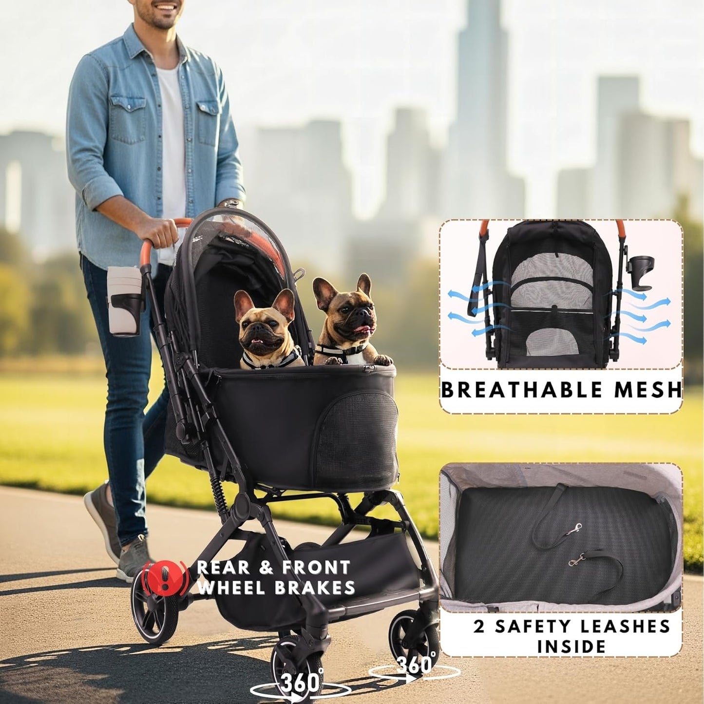 Pet Stroller for Small Medium Dogs Cats Up to 45 lbs, Travel Lite Collapsible, All Terrain 4 Wheels for Jogging, Running, Grey