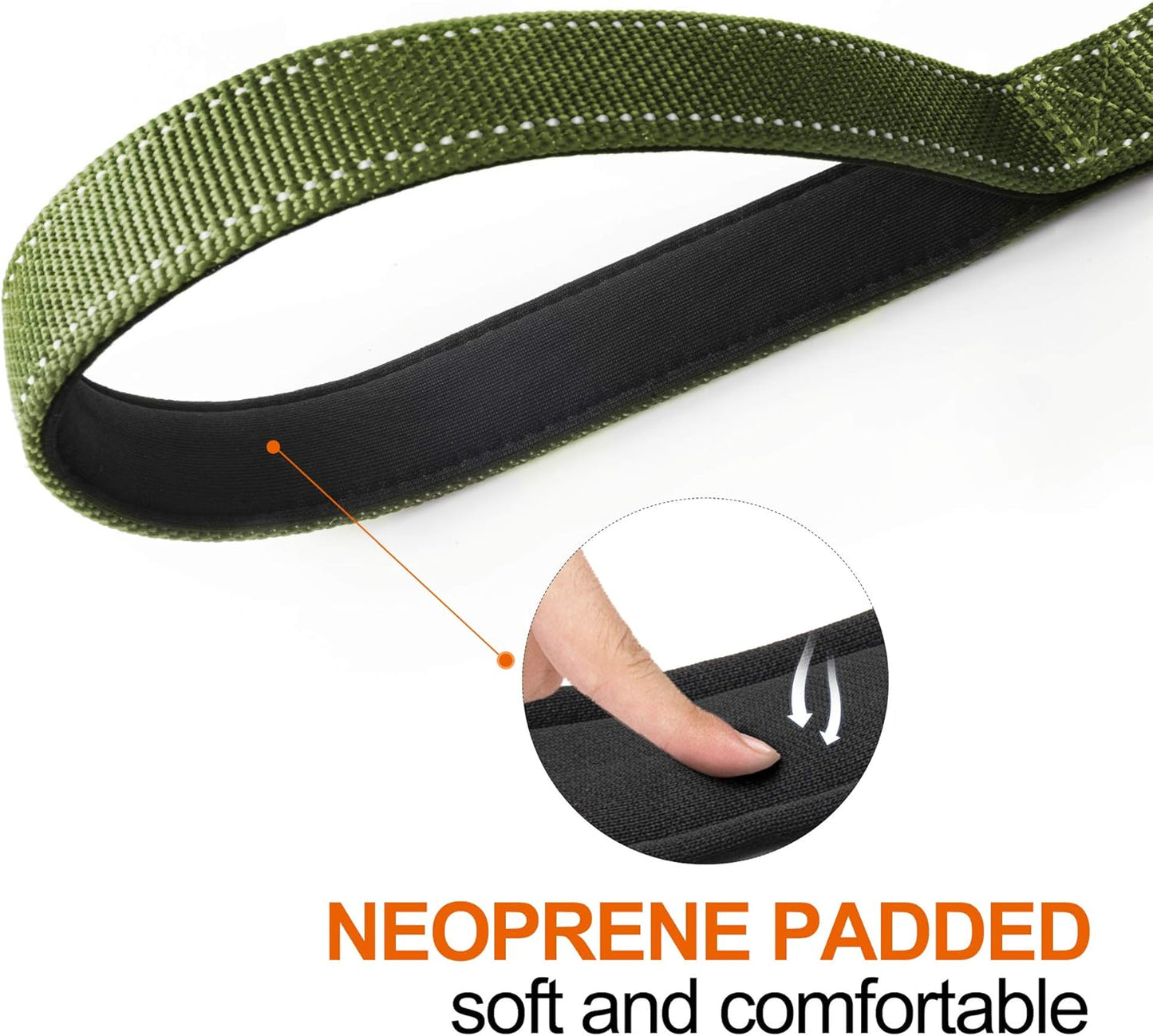 TwoEar 5FT 1IN Strong Green Dog Leash with 2 Padded Handles, Traffic Handle Extra Control, Comfortable Soft Dual Handle, Auto Lock Hook, Reflective Walking Lead for Small Medium and Large Dogs