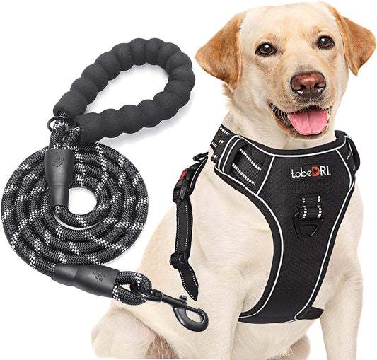 No Pull Dog Harness Adjustable Reflective Oxford Easy Control Medium Large Dog Harness with A Free Heavy Duty 5ft Dog Leash (XL (Neck: 21.5"-33", Chest: 30"-39.5"), Black Harness+Leash)