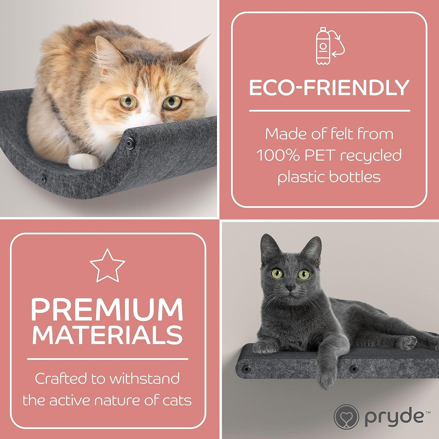 Wall Mounted Cat Steps Short Shelves (2) by Pryde Pets - Stairs for Walkways, 100% Sustainable PET Felt Feline Enrichment Climber Furniture for Indoor Cats, Modern Climbing Gym Design (Charcoal)