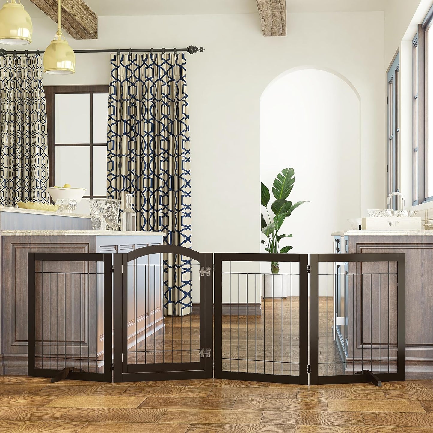 SPIRICH 96-inch Extra Wide 30-inches Tall Dog Gate with Door Walk Through, Freestanding Wire Pet Gate for The House, Doorway, Stairs, Pet Puppy Safety Fence, Support Feet Included(Espresso)