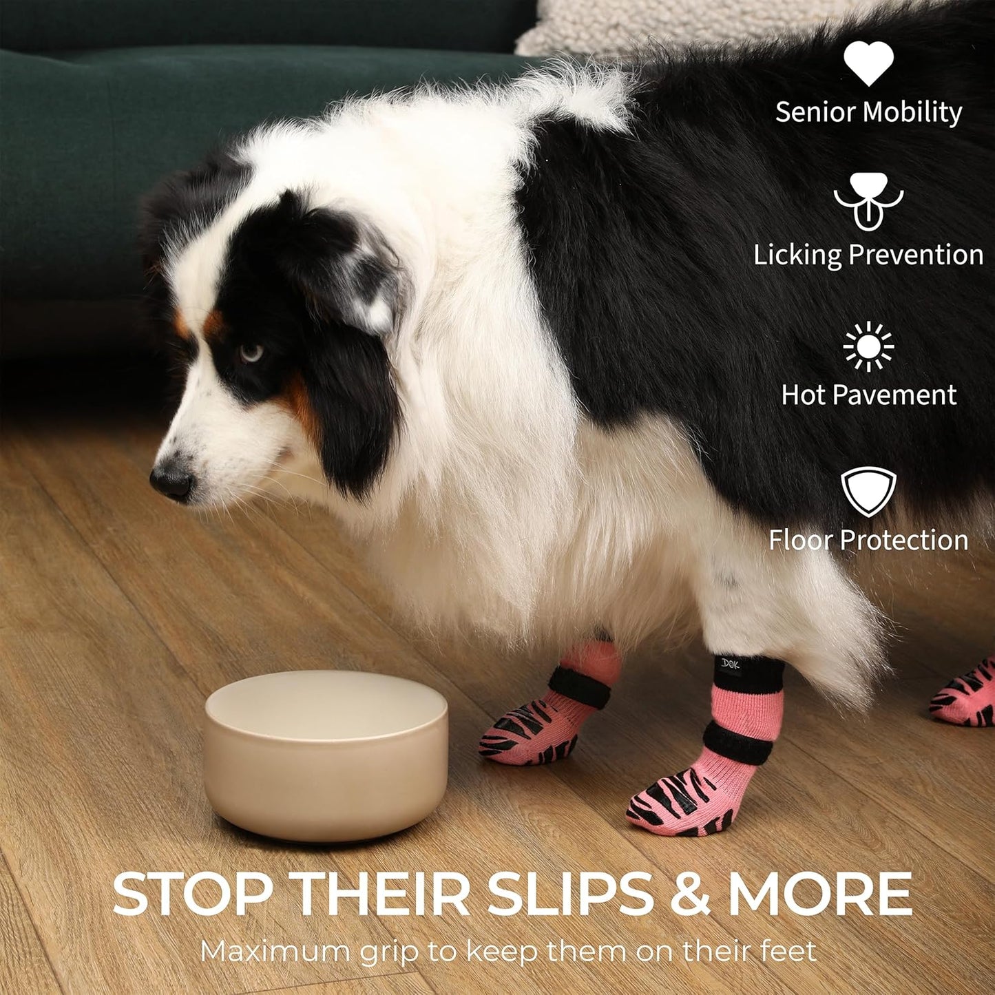 DOK TigerToes Premium Non-Slip Dog Socks for Hardwood Floors - Extra-Thick Grip That Works Even When Twisted - Prevents Licking, Slipping, and Great for Dog Paw Protection (Sassy Pink, X-Small)