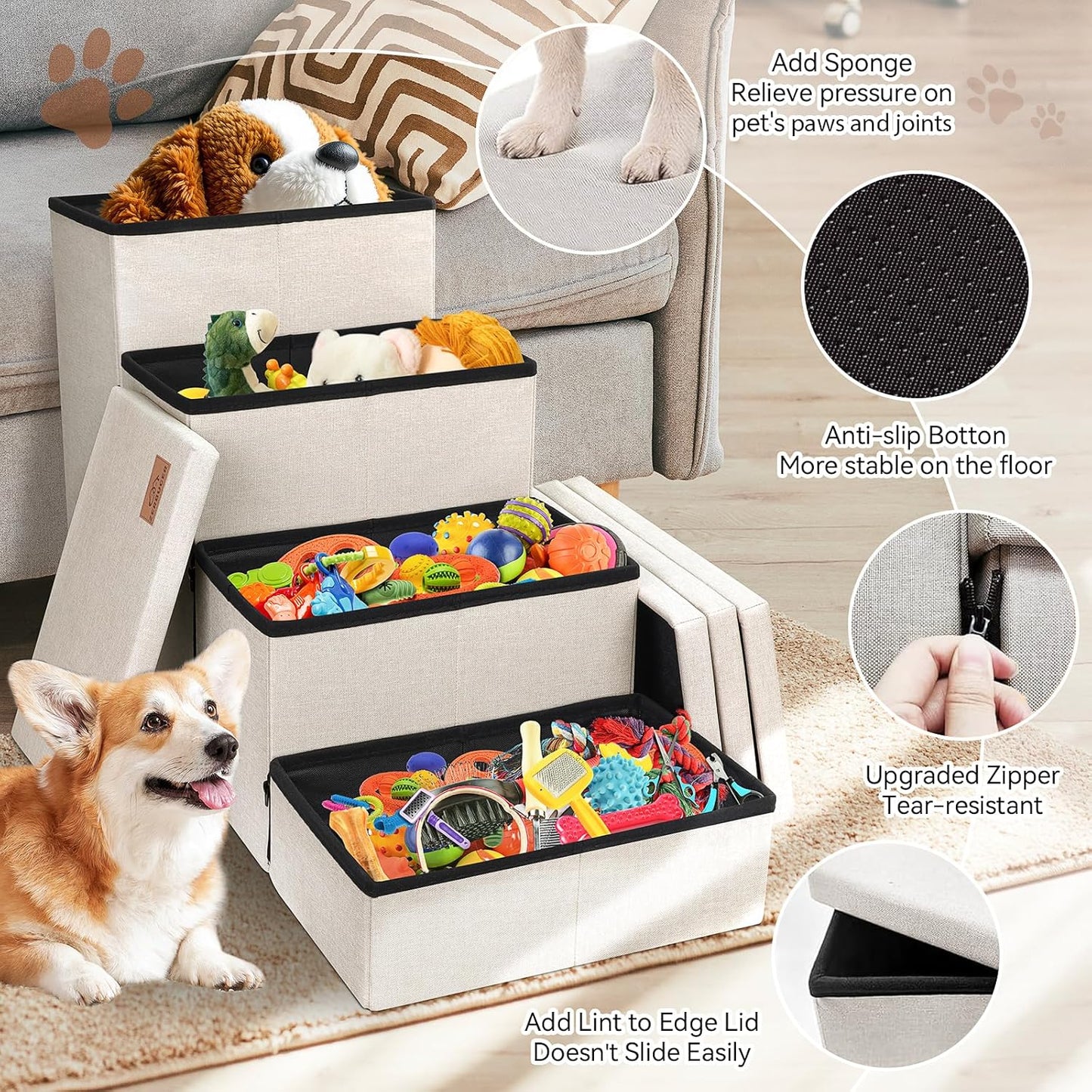 Dog Stairs with Storage 23" H, 4-Step Wider Dog Steps for High Beds Window, Folding Sturdy Pet Stairs Gift for Small/Medium/Large Old Dogs Cat, Ramp for Climbing Car Up to 200 lbs, Beige