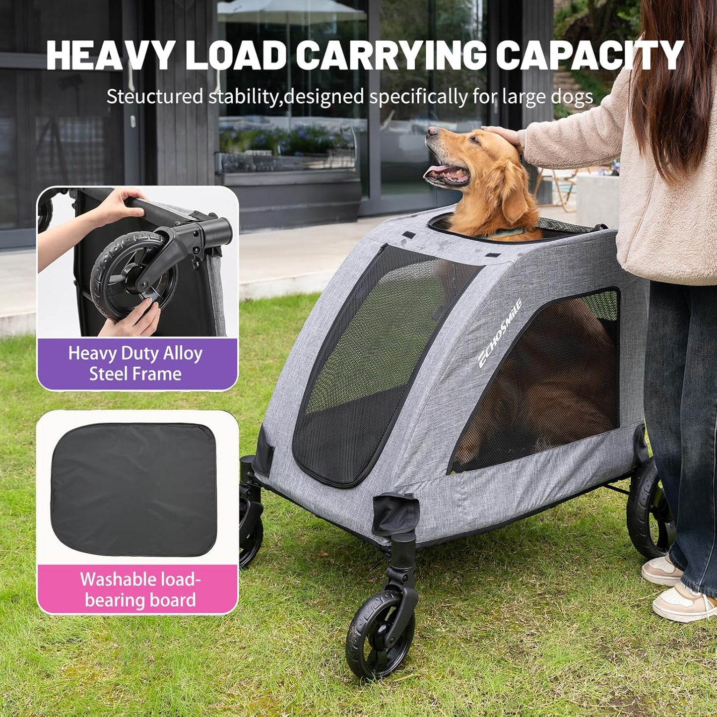 EchoSmile XL Extra Large Dog Stroller - Adjustable Handles,Lightweight Folding Pet Stroller,All-Terrain 4 Wheel for 2 Medium Dogs,Dual Entry Safety Dog Stroller,Capacity 160 lbs,Gray