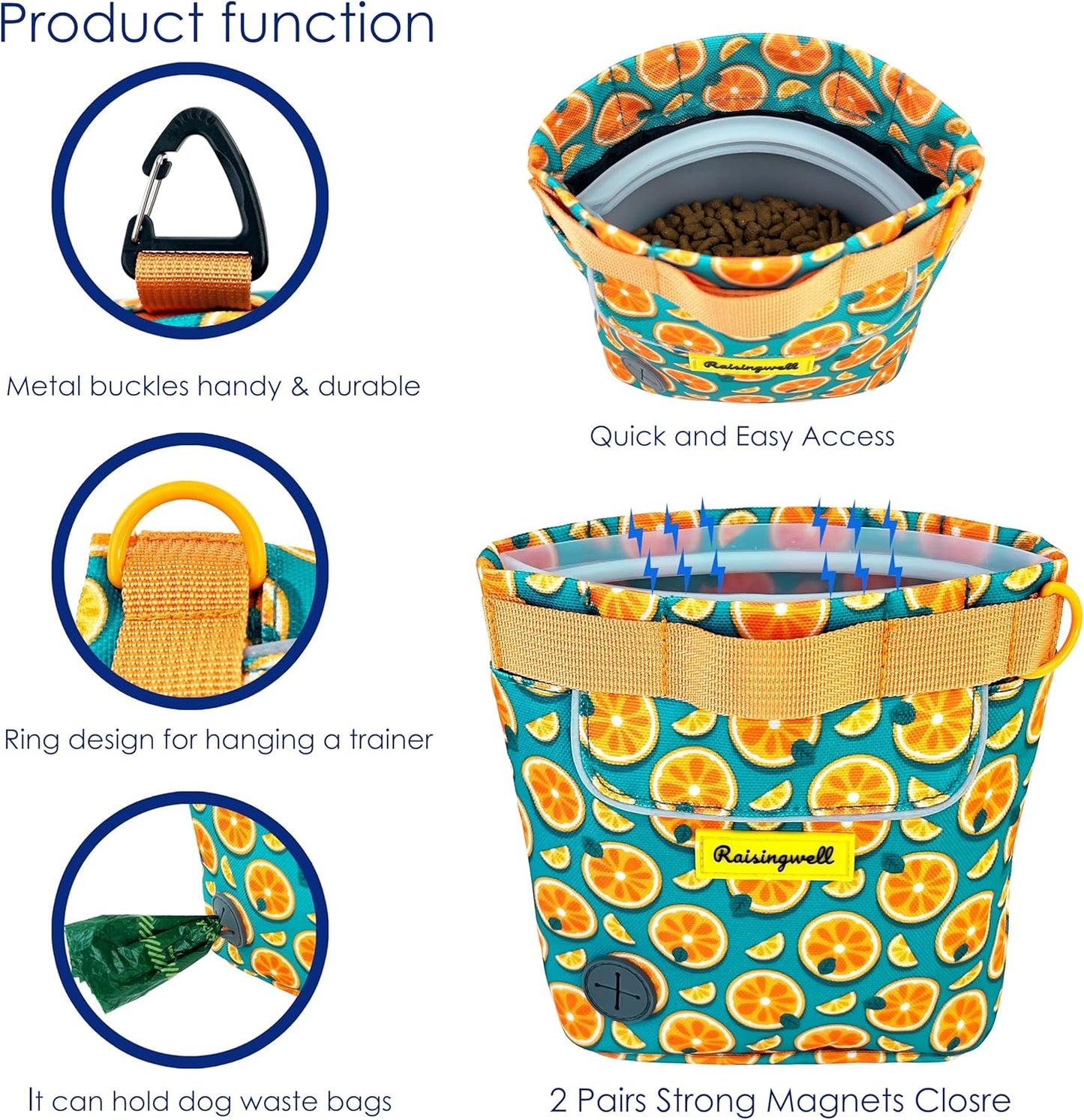 Dog Treat Pouch for Pet Walking and Training with Clicker 2 Cup Silicone Bag Small Fanny Pack Holder for Puppy Snack Dispenser Kit for Leash and Outdoor Use (Fruit Orange)