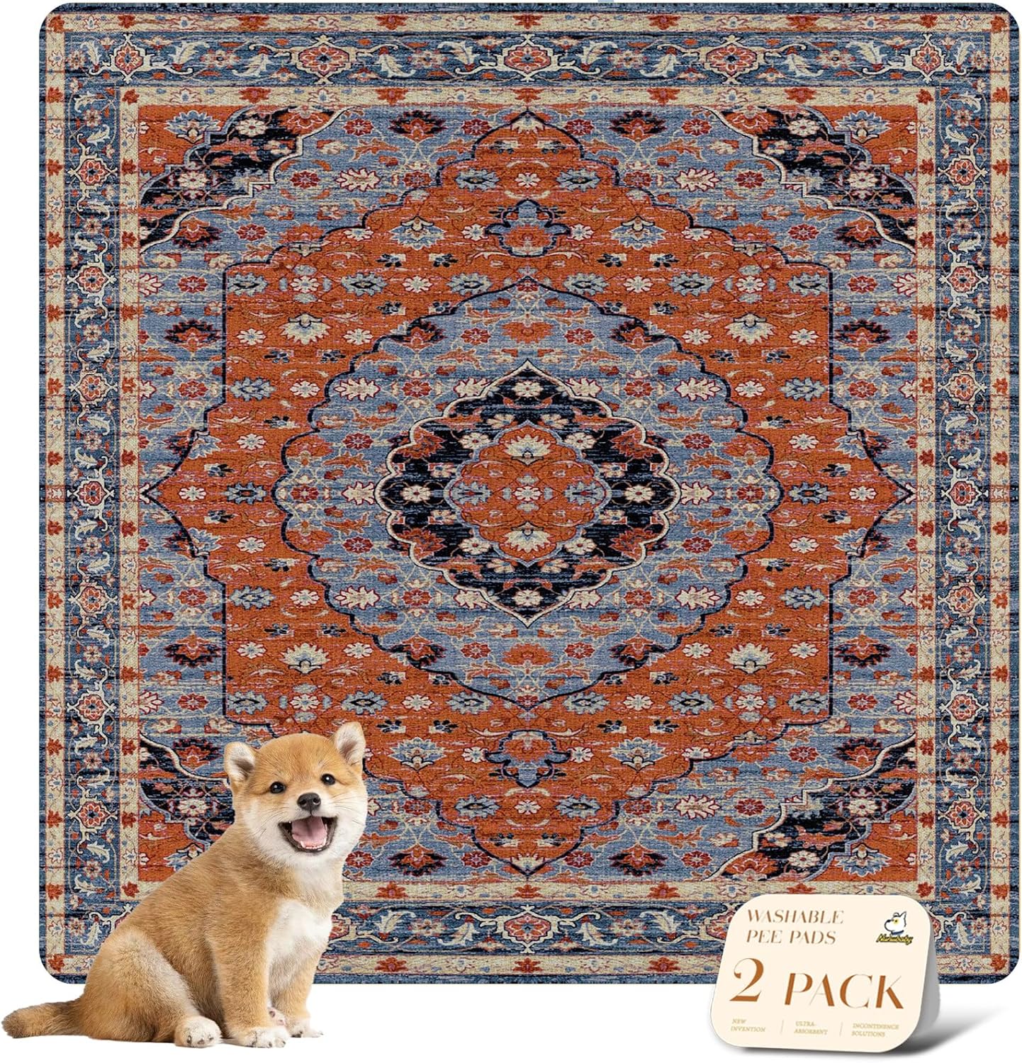 nunubaby Washable Pee Pads for Dogs, Stylish, Non-Slip and Leak-Proof Pee Pads. Reusable Potty Pads for Dogs for Crates and Floors.(Red/Floral, 48" x48")