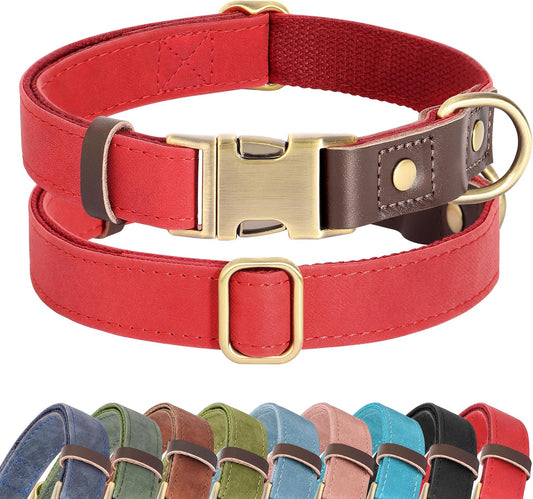 Didog Soft PU Leather Dog Collar for Large Dogs,Classic Adjustable Dog Collars with Quick Release Metal Buckle,Easy Clean and Comfortable with Nylon Lining,Red,L Neck 15-23"