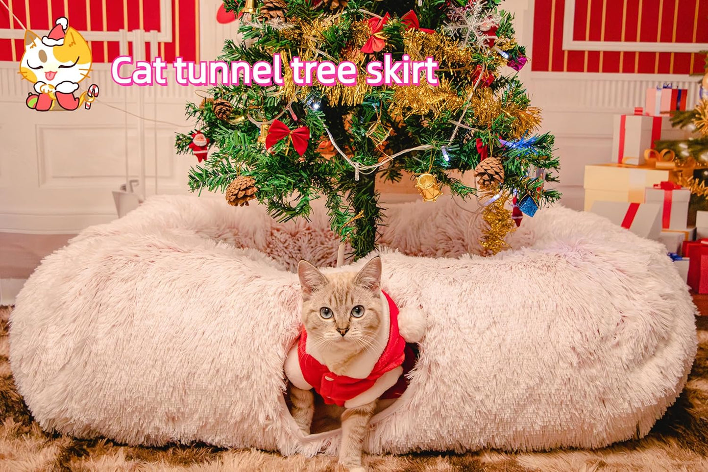 XxingSheep Extra Large Cat Tunnel Bed for Indoor Cats Peekaboo Cat Cave Donut with Center Mat,Pinkish White