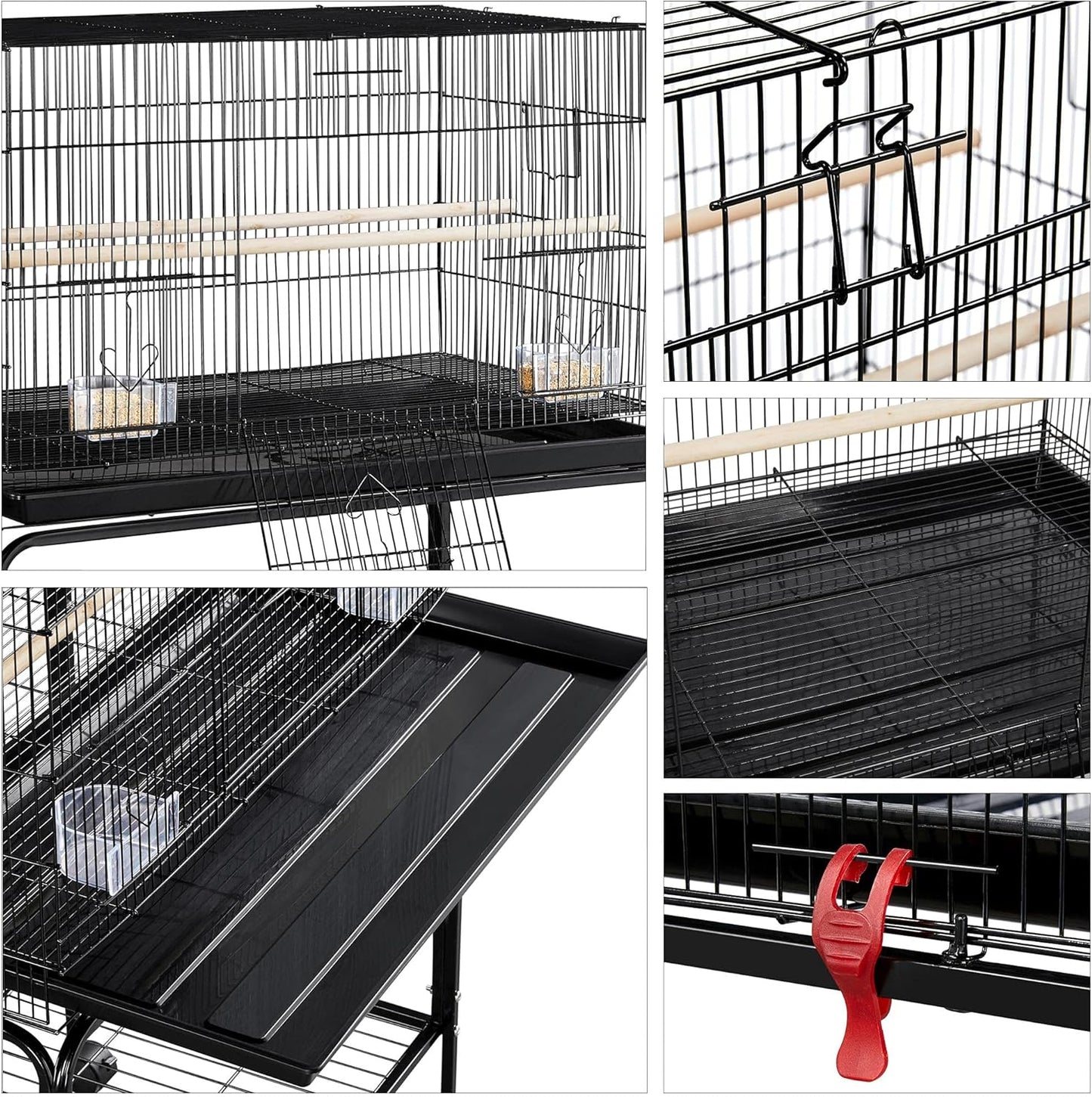 Yaheetech 47-inch Rolling Breeding Flight Bird Cages for Parakeets Budgies Finches Cockatiels Conures Lovebirds Canaries Parrots w/Detachable Stand, Black