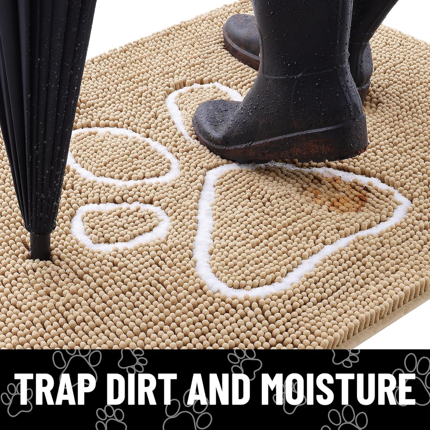 Smiry Dog Door Mat for Muddy Paws, Absorbent Dirt Trapper Non Slip Quick Dry Washable Chenille Mat for Mud Dogs, Entry Rug for Indoor and Outdoor (48x30 Inches, Beige)