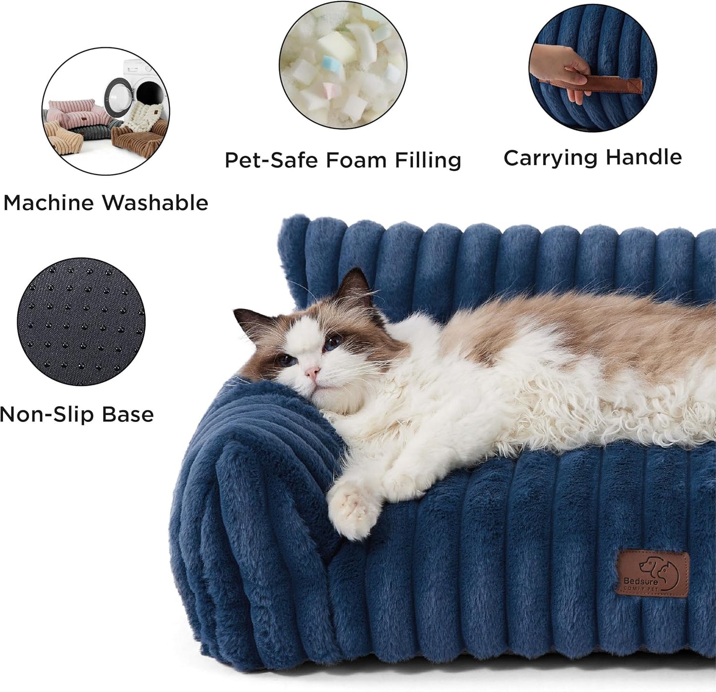 Bedsure Cute Cat Couch for Pets - Fluffy Small Dog Sofa with Premium Soft Corduroy Fleece, Pet Sofa with Removable Washable Cover, Supportive Dog Couch Bed for Small Medium Dogs, 30inch, Night Blue