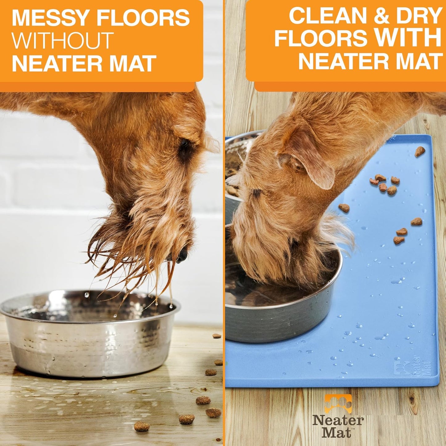 Neater Pet Brands Neater Mat Pet Mats for Food and Water, Cat & Dog Bowl Mat Waterproof Silicone, Feeding Tray, Dog Food Mats for Floors, Placemat w/Raised Edge for Under Bowls, 16” x 10”, Light Blue