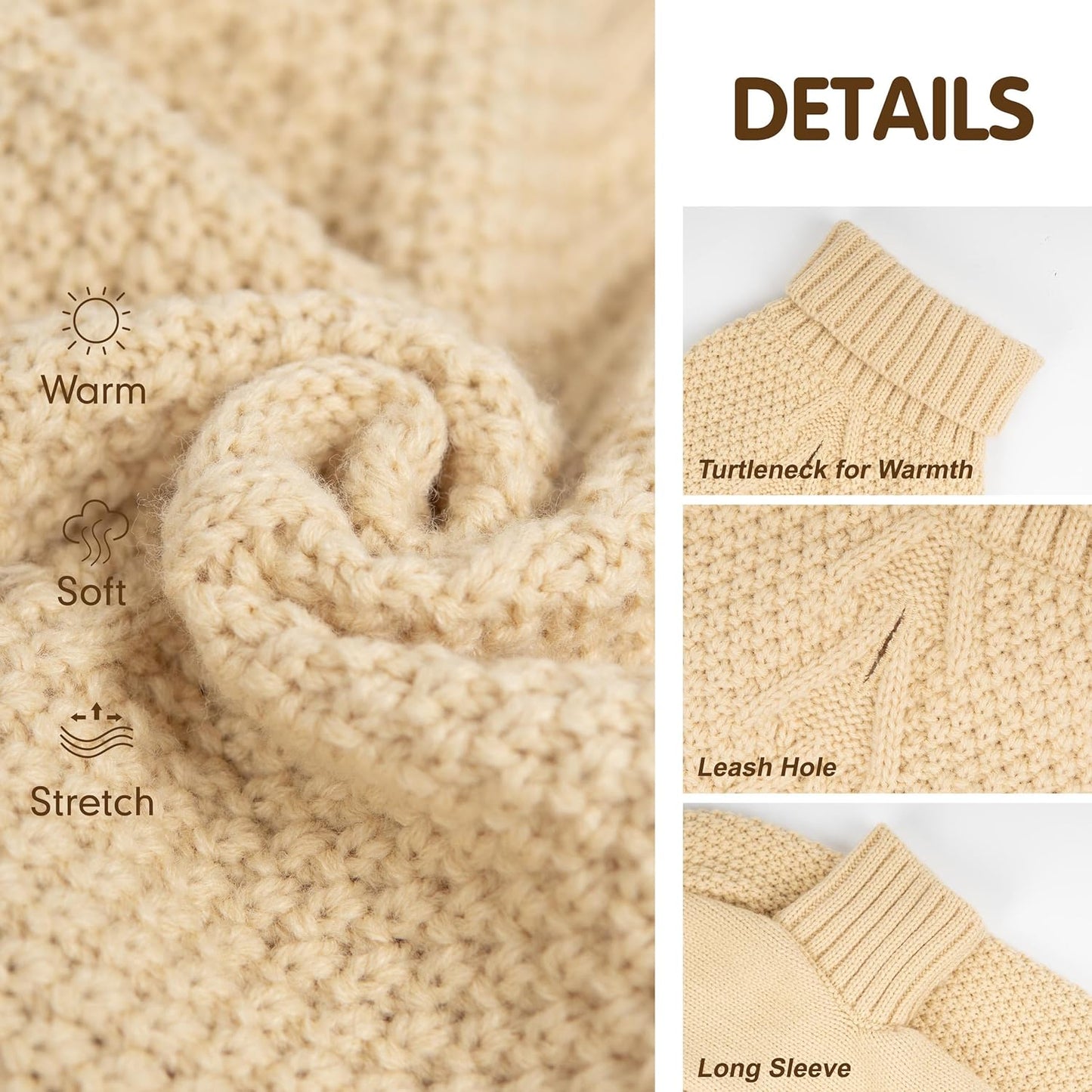 cyeollo Dog Sweater Turtleneck Knitted Sweaters with Leash Hole Winter Dog Clothes Sweaters for Small Dogs, Beige XL