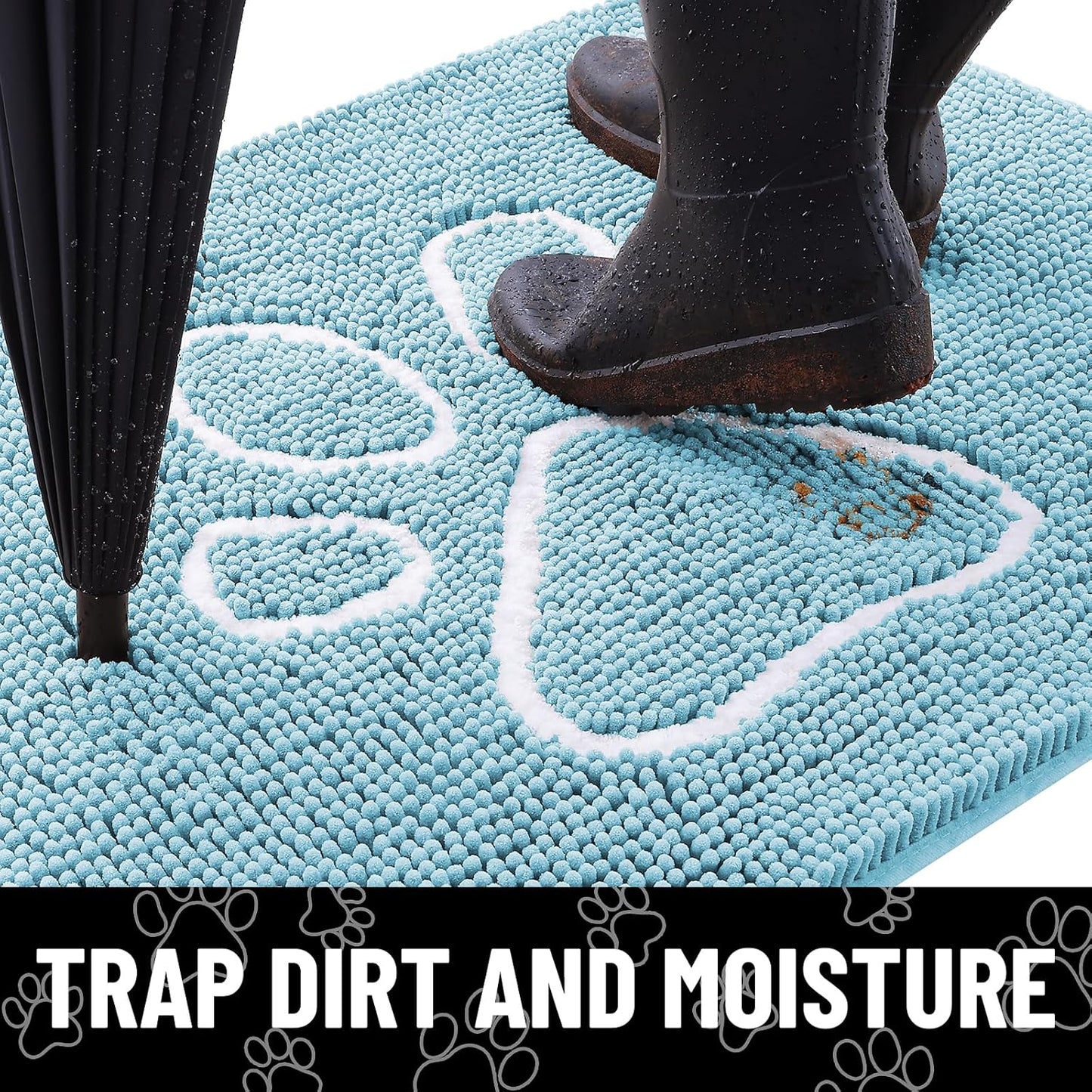 Smiry Dog Door Mat for Muddy Paws, Absorbent Dirt Trapper Non Slip Quick Dry Washable Chenille Mat for Mud Dogs, Entry Rug for Indoor and Outdoor (59x35 Inches, Sky Blue)