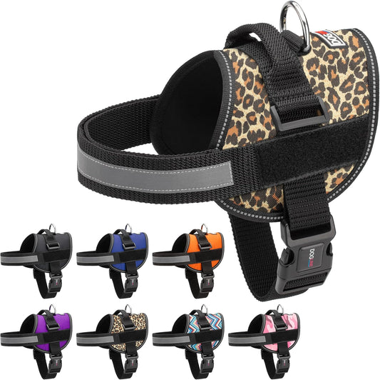 Dogline Dog Harness, Reflective No-Pull Adjustable Vest with Handle for Walking, Training, Breathable, No - Choke Harness for Small, Medium or Large Dogs Room for Patches Leopard Brown XL 33"-46"