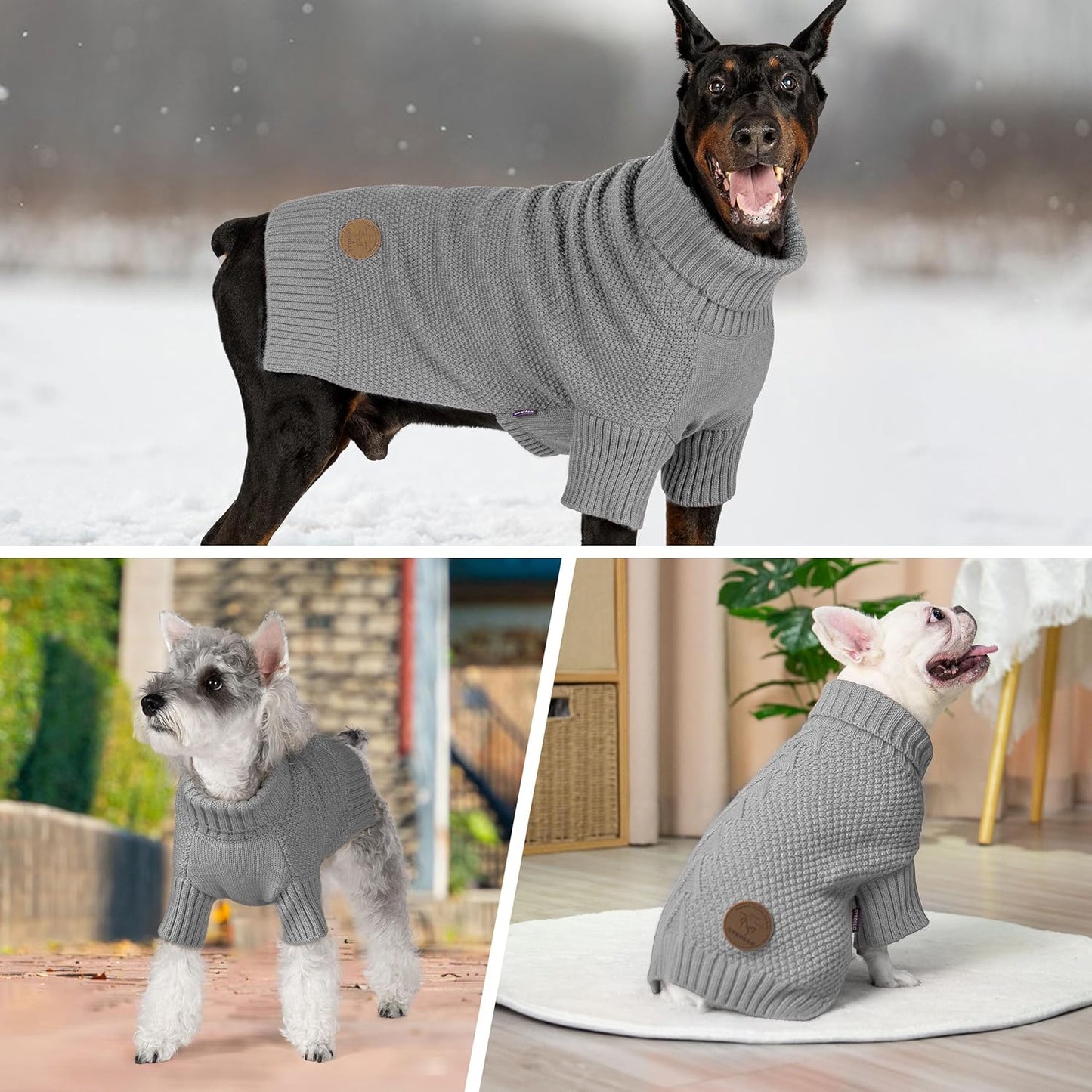 cyeollo Dog Sweater Knitwear Pullover Sweaters with Leash Hole Turtleneck Fall Winter Dog Clothes Sweaters for Large Dogs, Grey XXXL