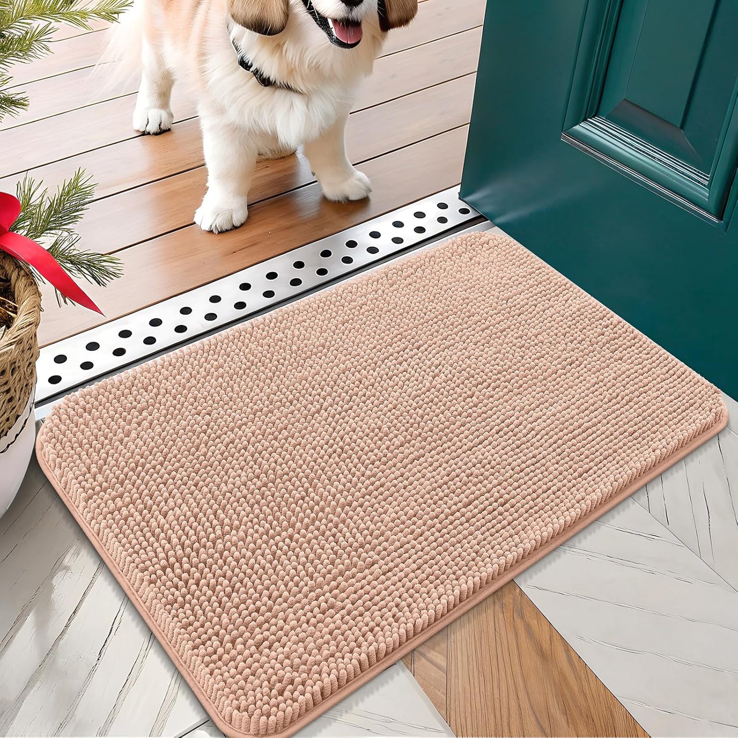 OLANLY Dog Door Mat for Muddy Paws 24x16, Absorbs Moisture and Dirt, Absorbent Non-Slip Washable Doormat, Quick Dry Chenille Mud Mat for Dogs, Entry Indoor Entryway Carpet for Inside Floor, Peach