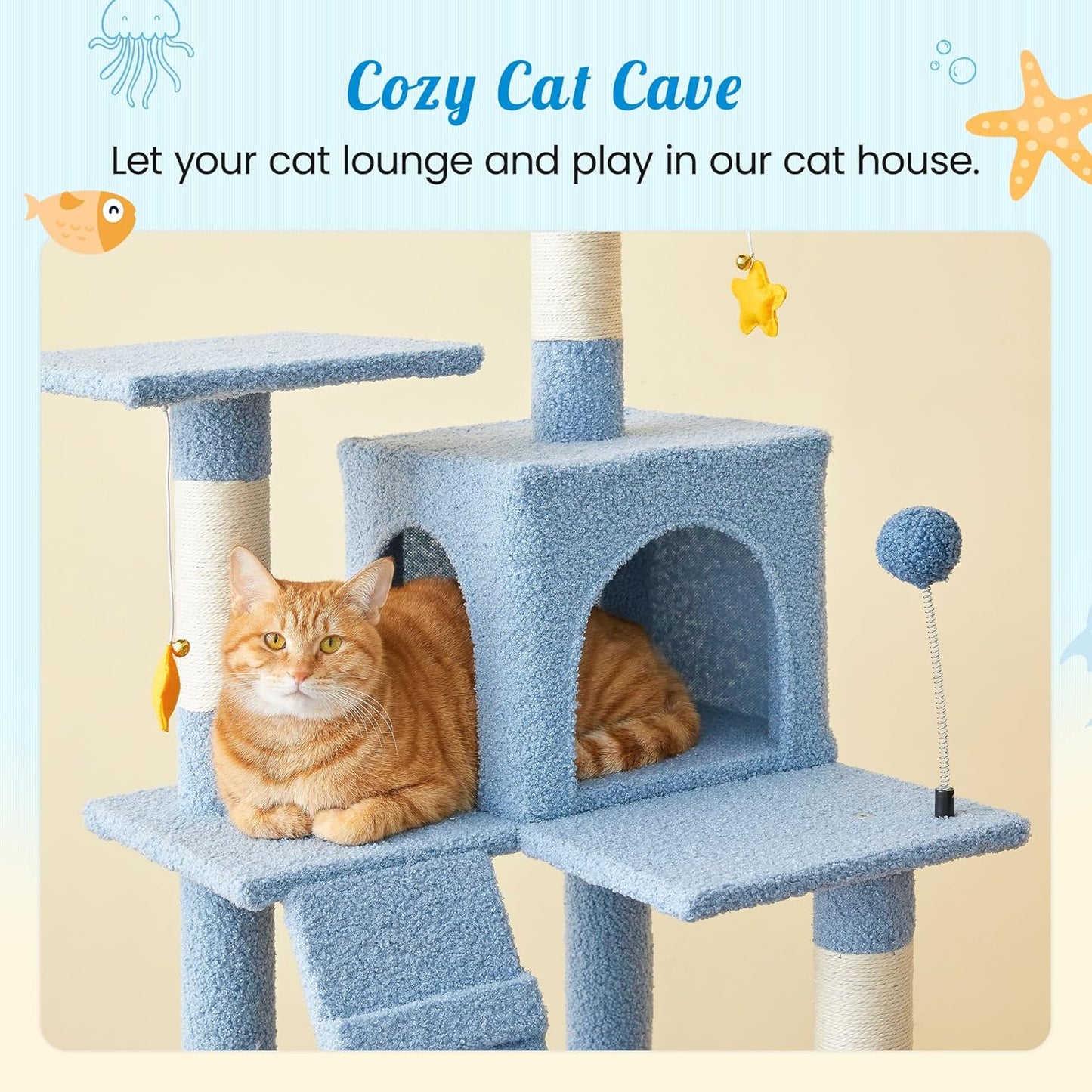 MWPO Ocean-Themed Cat Tree for Indoor Cats, 63.8 Inches Multi-Level Tower with Sisal-Covered Scratching Posts, Padded Platform, Hammock, Dangling Toys, Stable Condo Pet Play House, Blue