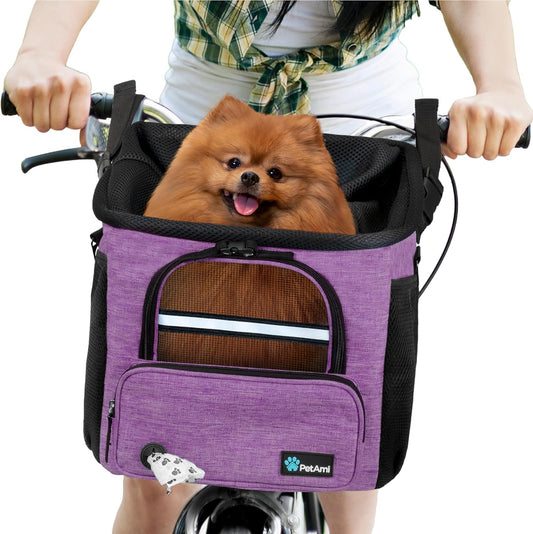 PetAmi Dog Bike Basket, Soft-Sided Ventilated Dog Bike Carrier Backpack, Pet Bicycle Basket for Bike Handlebar, Small Medium Puppy Cat Kitten Car Booster Seat with Safety Strap, Max 18 lbs, Purple