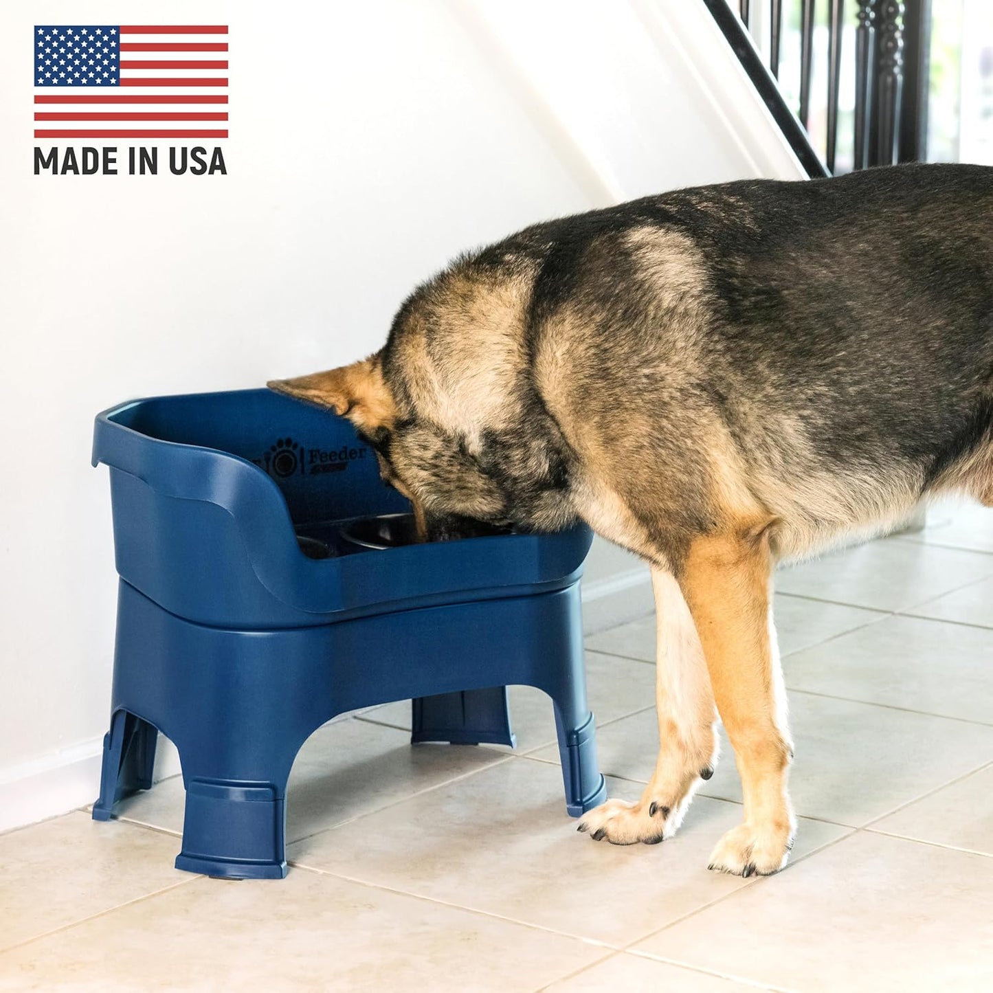 Neater Feeder Deluxe Mess Proof Dog Bowls Elevated for Large Dogs – Made in USA – No Spill Raised Dog Food Bowl Stand w/Leg Extensions – Stainless Steel Food and Water Bowl Set – Dark Blue