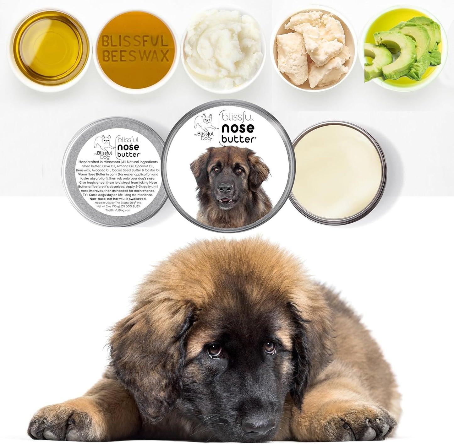 The Blissful Dog Leonberger Nose Butter for Dry, Cracked Skin, Lick-Safe Dog Nose Balm with Moisturizing Shea Butter, Almond, Olive, and Essential Oils, Pet Supplies, Uncented, 8 oz.