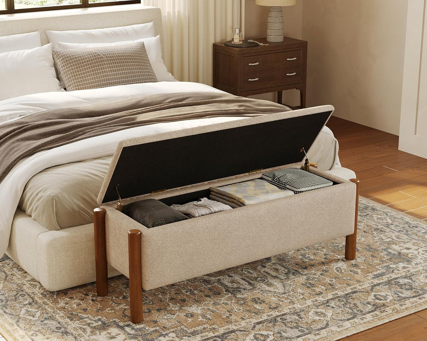 Storage Ottoman Bench, End of Bed Bench for Bedroom, 47" Boucle Upholstered Entryway Shoe Seat Bench, Holds up to 660 lb Storage Ottoman, Padded Blanket Chest Stool Foot Rest for Living Room Beige