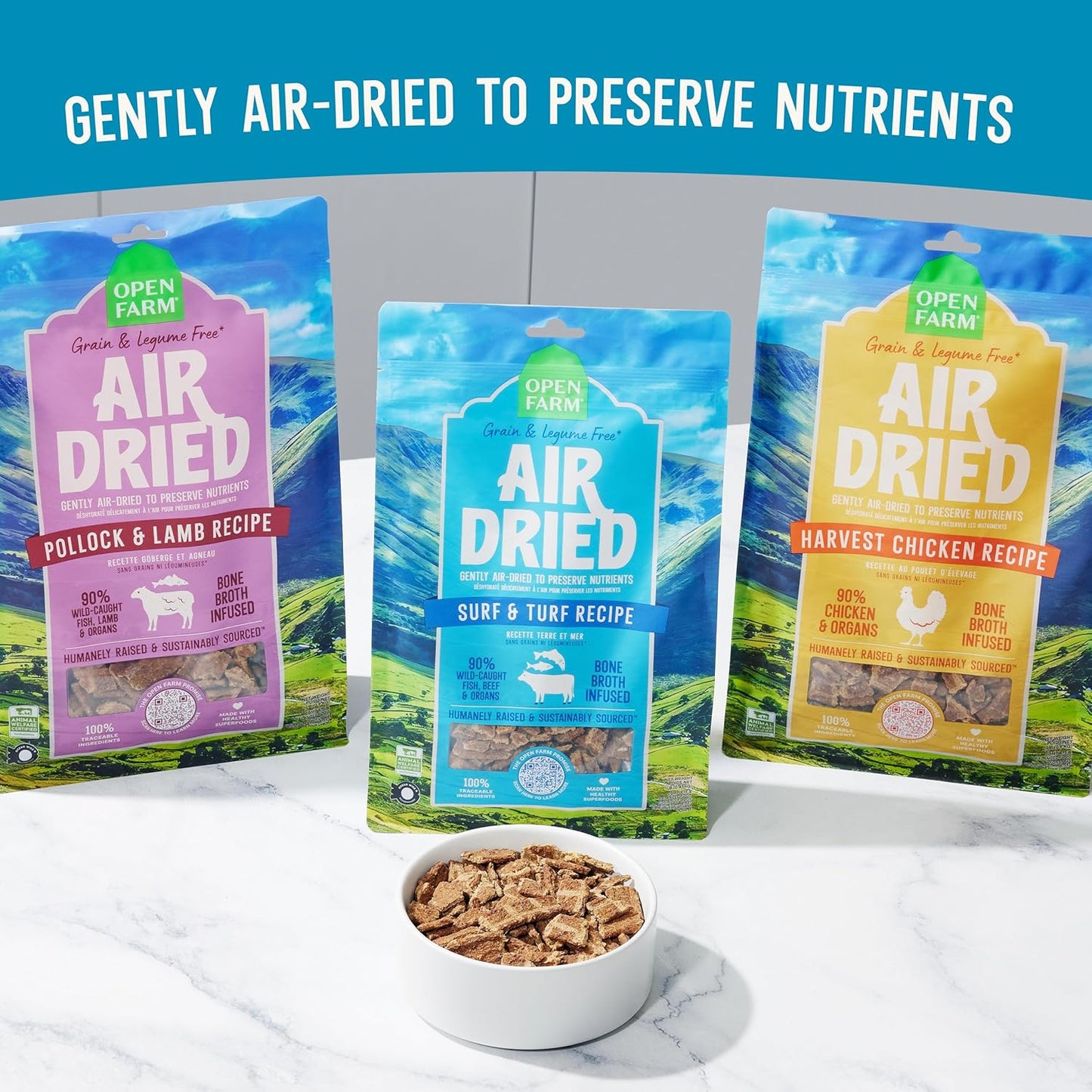 Open Farm, Air Dried Dog Food Infused with Bone Broth, Grain & Legume Free, Complete Meal or Food Topper, Surf & Turf Recipe, 2lb Bag