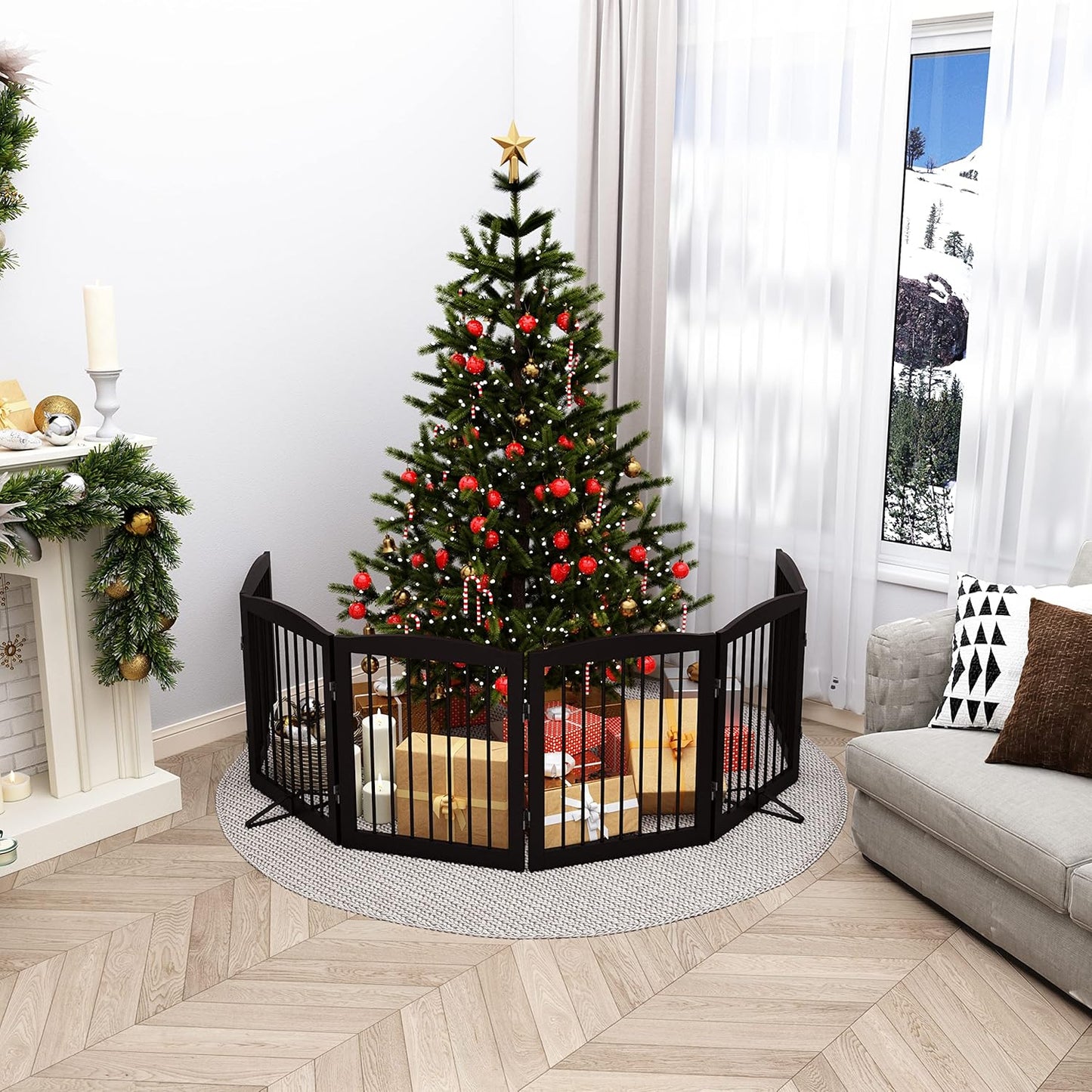 Freestanding Pet Gate for Dogs, Foldable Wooden Dog Gate for House, Extra Wide Indoor Pet Barrier for Stair, Doorway, Hall, Support Feet Included, 120 Inch Wide, 6 Panels 24", Brown